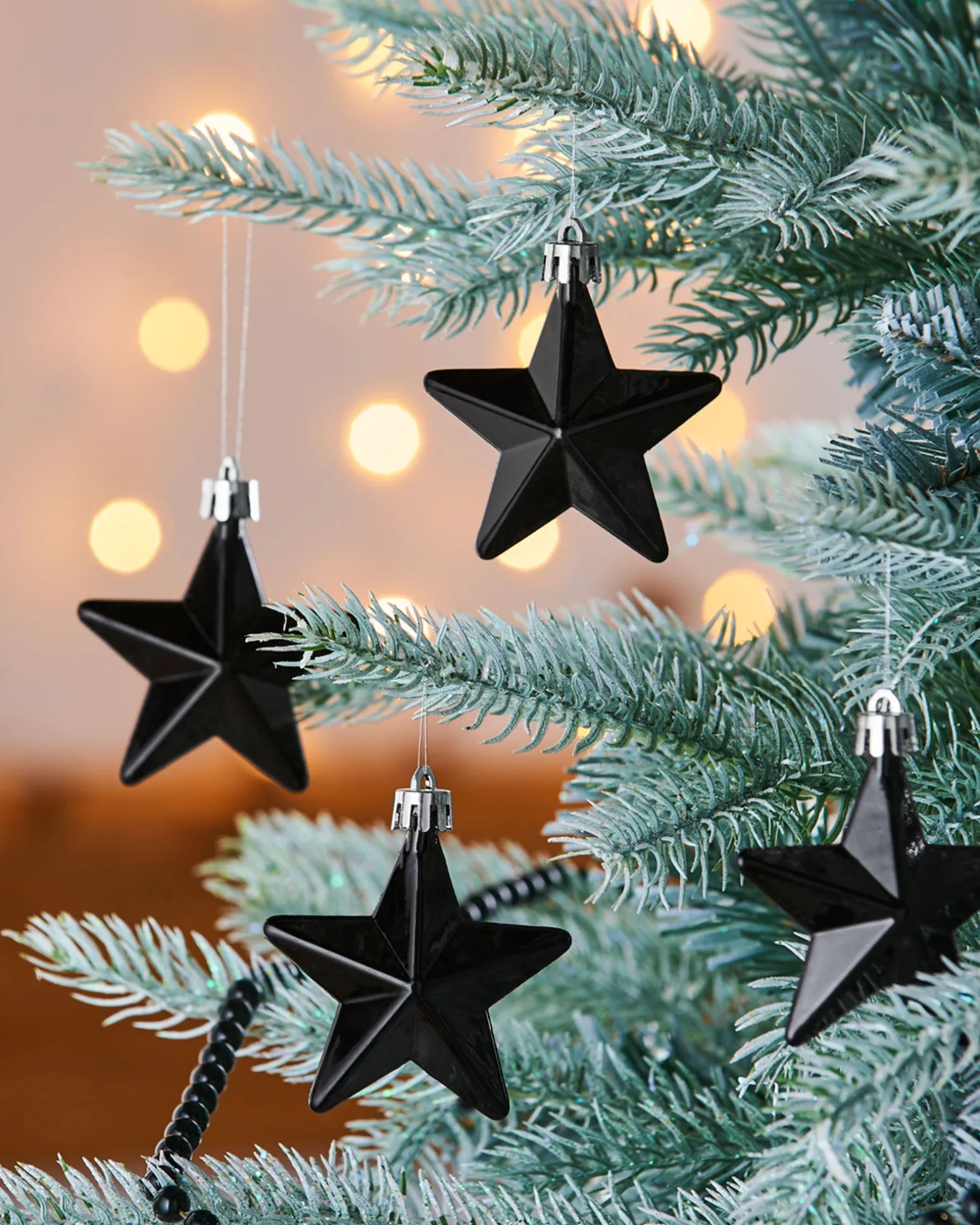 WeRChristmas 6 Pack Of Hanging Stars, Black, 7.5 Cm^ Shatterproof Baubles