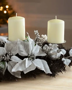 WeRChristmas 3 Pillar Decorated Candle Holder, Black/Silver^ Table Decorations|Candle Holder Garlands