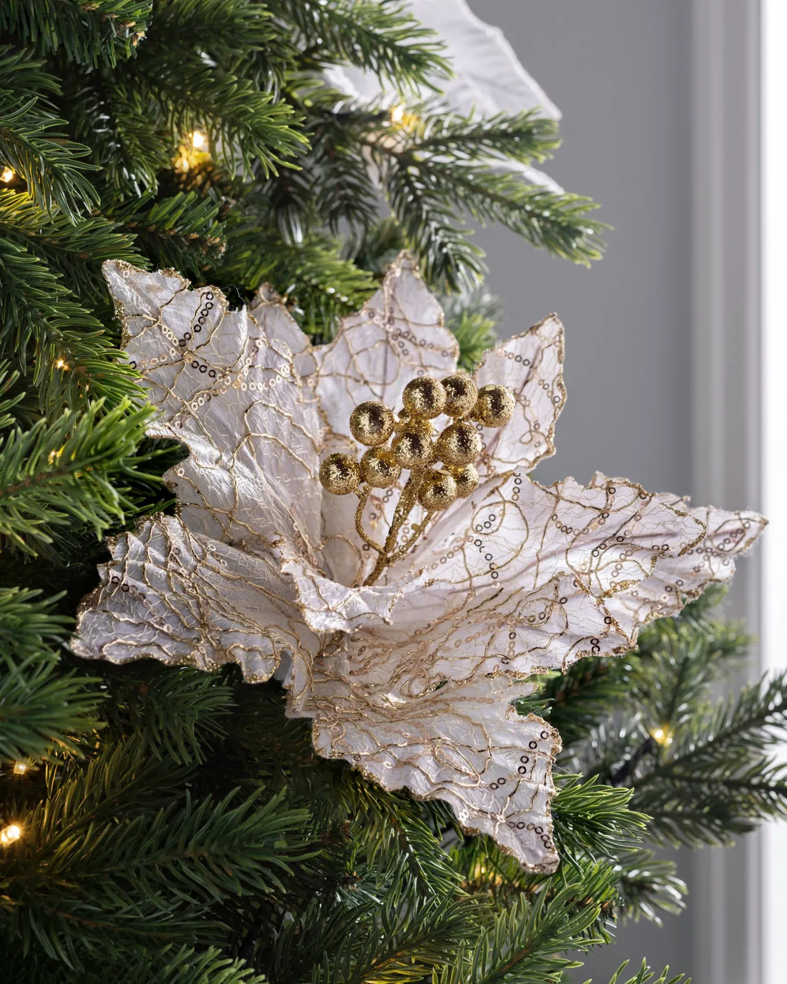 WeRChristmas Artificial Poinsettia Flower, White And Gold, 32 Cm^ Flowers & Foliage|Flowers & Foliage