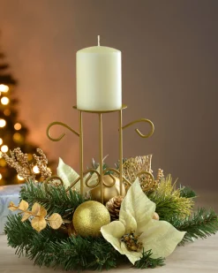 WeRChristmas Decorated Table Centre Piece Candle Holder - Cream/ Gold, Single Pillar^ Table Decorations|Candle Holder Garlands