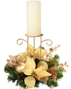 WeRChristmas Decorated Table Centre Piece Candle Holder - Cream/ Gold, Single Pillar^ Table Decorations|Candle Holder Garlands
