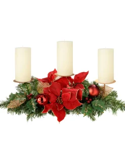 WeRChristmas Decorated Table Centre Piece Candle Holder - Red/Gold, 3 Pillar^ Candle Holder Garlands|Decorated Garlands