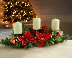 WeRChristmas Decorated Table Centre Piece Candle Holder - Red/Gold, 3 Pillar^ Candle Holder Garlands|Decorated Garlands