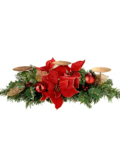 WeRChristmas Decorated Table Centre Piece Candle Holder - Red/Gold, 3 Pillar^ Candle Holder Garlands|Decorated Garlands