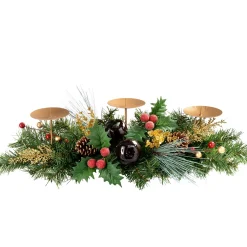 WeRChristmas Decorated Table Centre Piece Garland Candle Holder - Red/ Gold, 3 Pillar^ Table Decorations|Candle Holder Garlands
