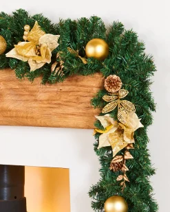 WeRChristmas Extra Thick Decorated Garland, Cream/Gold, 9 Ft^ Decorated Garlands