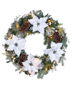 WeRChristmas Pre-Lit Decorated Frosted Wreath, White/Silver, 60 Cm^ Decorated Wreaths|Pre Lit Wreaths