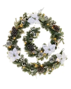 WeRChristmas Pre-Lit Decorated Frosted Garland, White/Silver, 9 Ft^ Decorated Garlands|Pre Lit Garlands