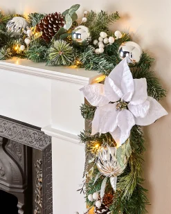 WeRChristmas Pre-Lit Decorated Frosted Garland, White/Silver, 9 Ft^ Decorated Garlands|Pre Lit Garlands