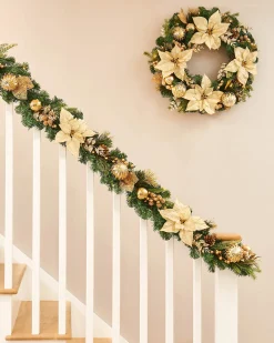 WeRChristmas Pre-Lit Decorated Garland, Cream/Gold, 9 Ft^ Decorated Garlands|Pre Lit Garlands
