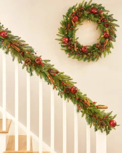 WeRChristmas Pre-Lit Decorated Garland, Apples & Cinnamon Sticks, 9 Ft^ Decorated Garlands|Pre Lit Garlands