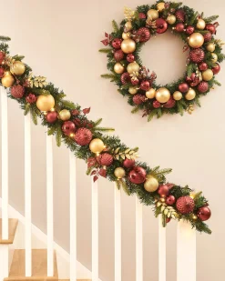 WeRChristmas Pre-Lit Decorated Garland, Burgundy/Gold, 9 Ft^ Decorated Garlands|Pre Lit Garlands
