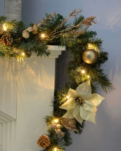 WeRChristmas Pre-Lit Decorated Garland, Cream/Gold, 9 Ft^ Decorated Garlands|Pre Lit Garlands