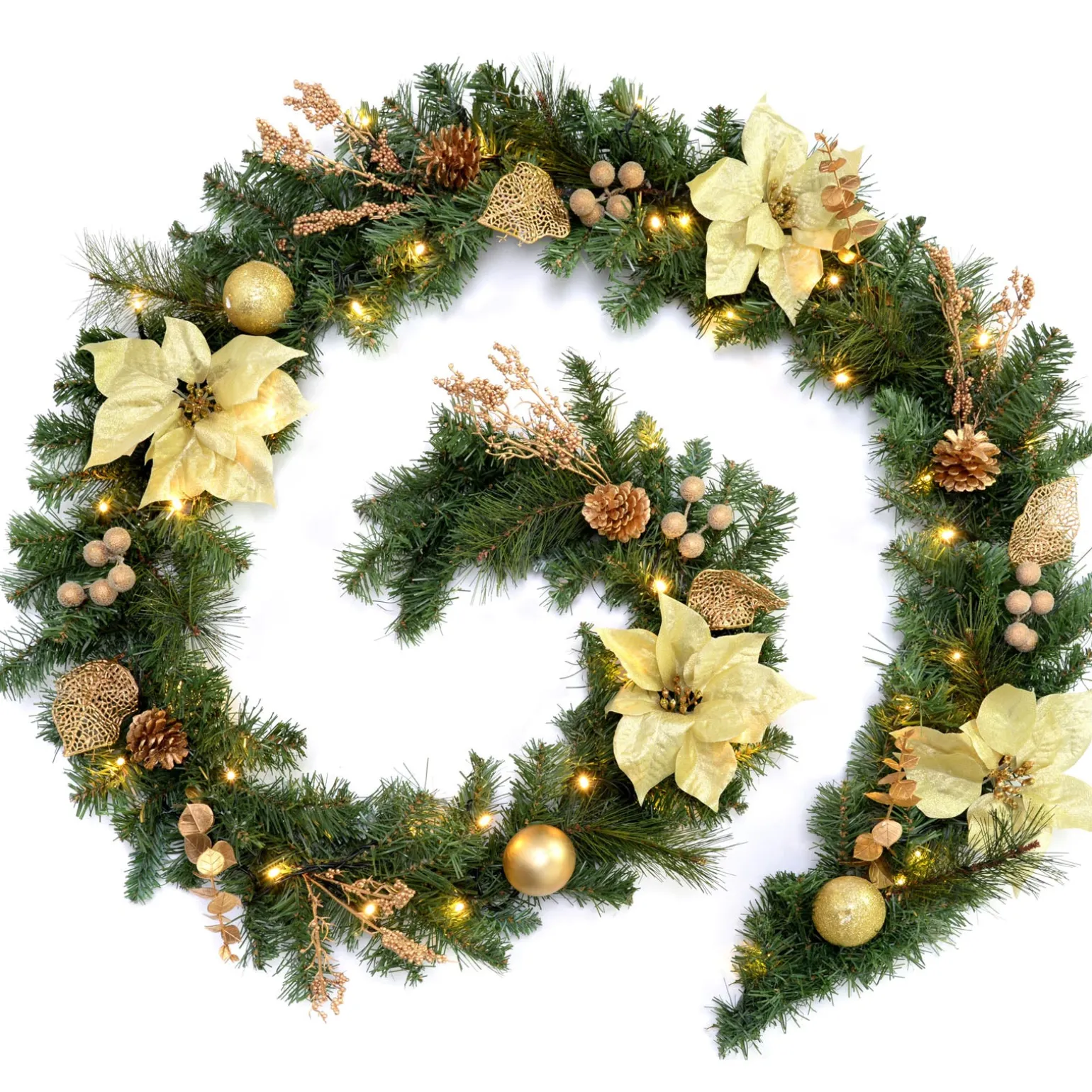 WeRChristmas Pre-Lit Decorated Garland, Cream/Gold, 9 Ft^ Decorated Garlands|Pre Lit Garlands