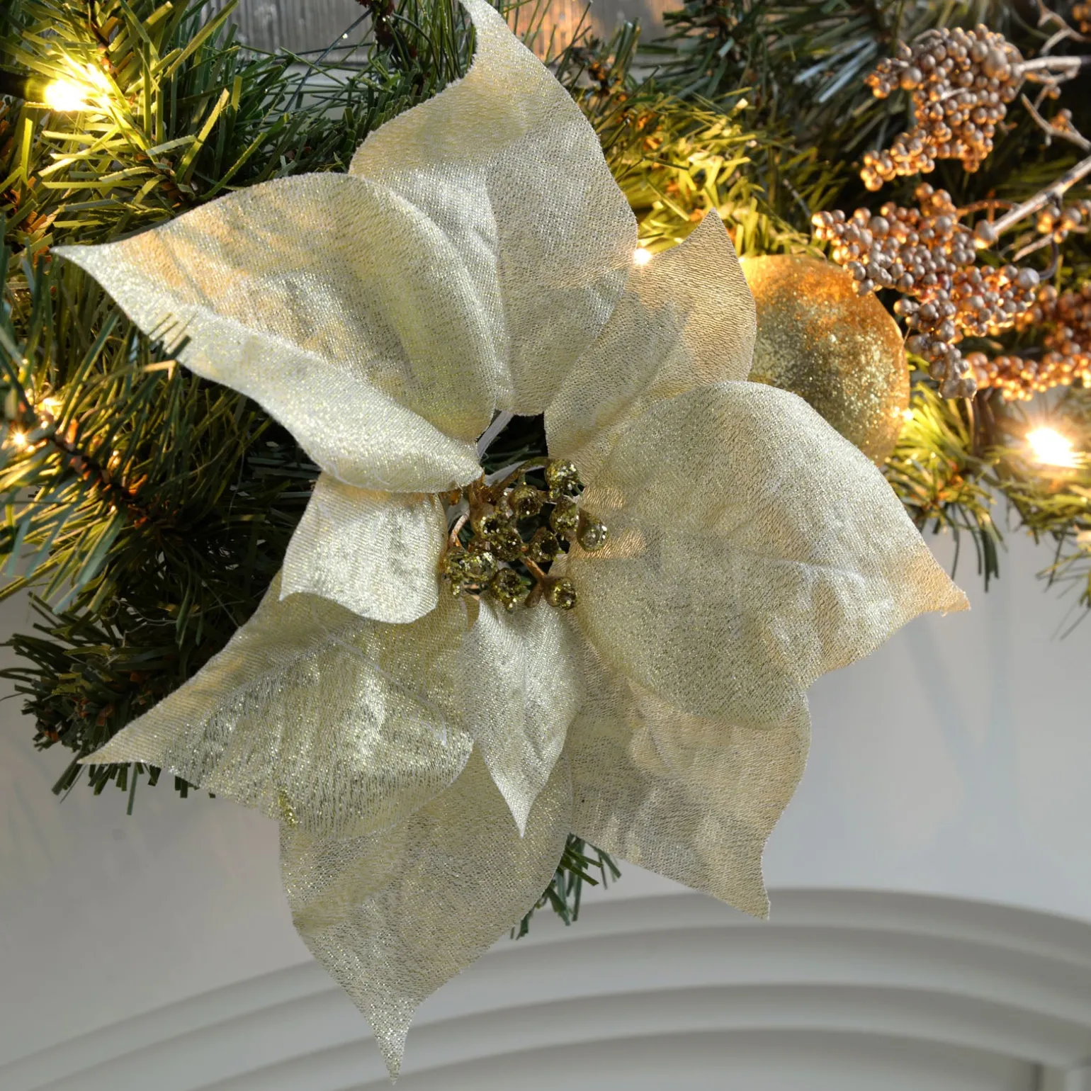 WeRChristmas Pre-Lit Decorated Garland, Cream/Gold, 9 Ft^ Decorated Garlands|Pre Lit Garlands
