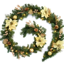 WeRChristmas Pre-Lit Decorated Garland, Cream/Gold, 9 Ft^ Decorated Garlands|Pre Lit Garlands