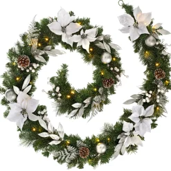 WeRChristmas Pre-Lit Decorated Garland, Silver/White, 9 Ft^ Decorated Garlands|Pre Lit Garlands