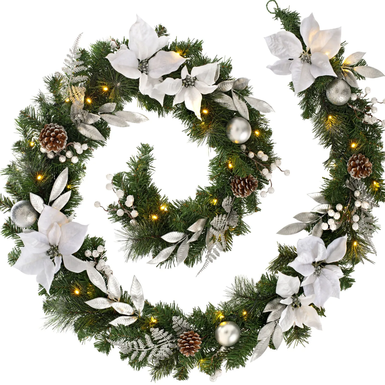WeRChristmas Pre-Lit Decorated Garland, Silver/White, 9 Ft^ Decorated Garlands|Pre Lit Garlands