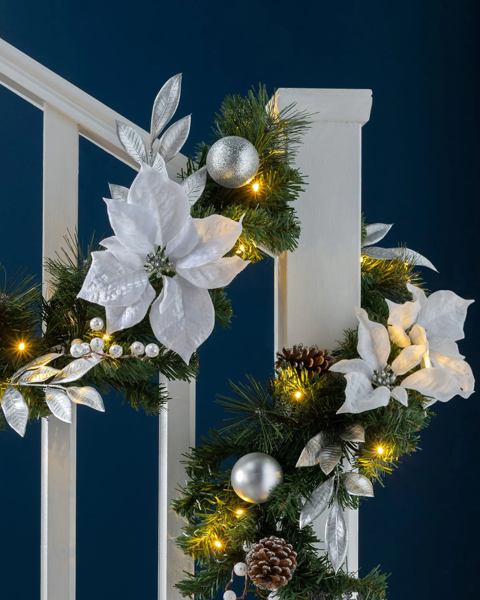 WeRChristmas Pre-Lit Decorated Garland, Silver/White, 9 Ft^ Decorated Garlands|Pre Lit Garlands