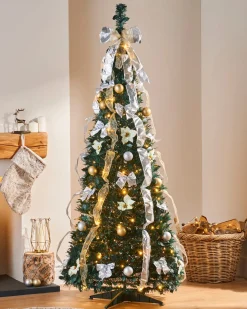 WeRChristmas Pre-Lit Decorated Holly Pop-Up Christmas Tree, Champagne & Silver, 6 Ft^ Budget Christmas Trees|Pre Lit Christmas Trees