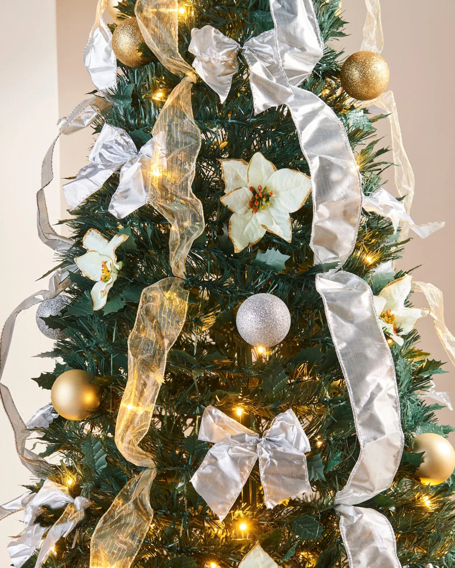 WeRChristmas Pre-Lit Decorated Holly Pop-Up Christmas Tree, Champagne & Silver, 6 Ft^ Budget Christmas Trees|Pre Lit Christmas Trees