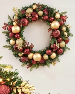 WeRChristmas Pre-Lit Decorated Wreath, Burgundy/Gold, 76 Cm^ Decorated Wreaths|Pre Lit Wreaths