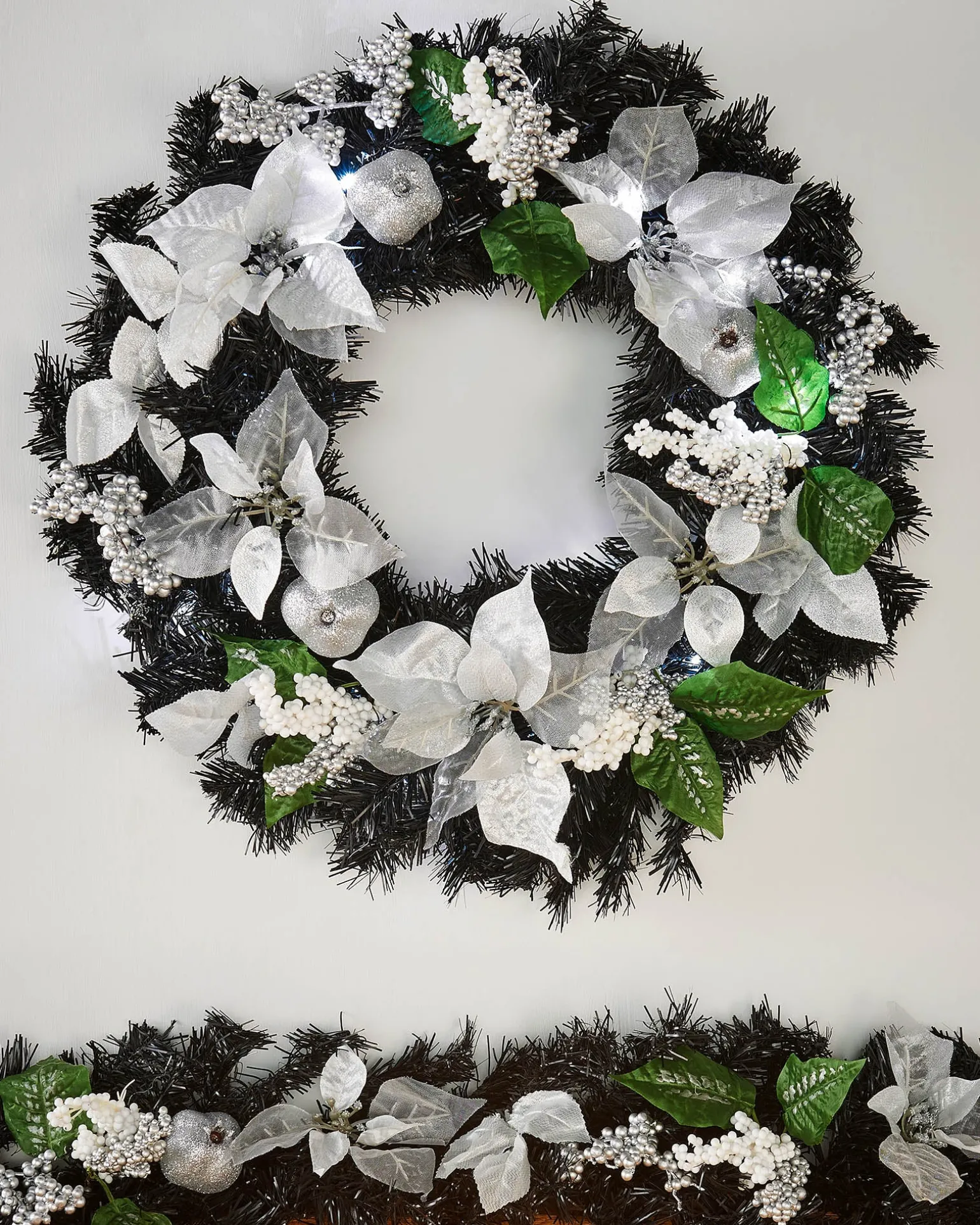 WeRChristmas Pre-Lit Decorated Wreath, Black/Silver, 60 Cm^ Decorated Wreaths|Pre Lit Wreaths