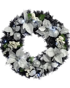 WeRChristmas Pre-Lit Decorated Wreath, Black/Silver, 60 Cm^ Decorated Wreaths|Pre Lit Wreaths