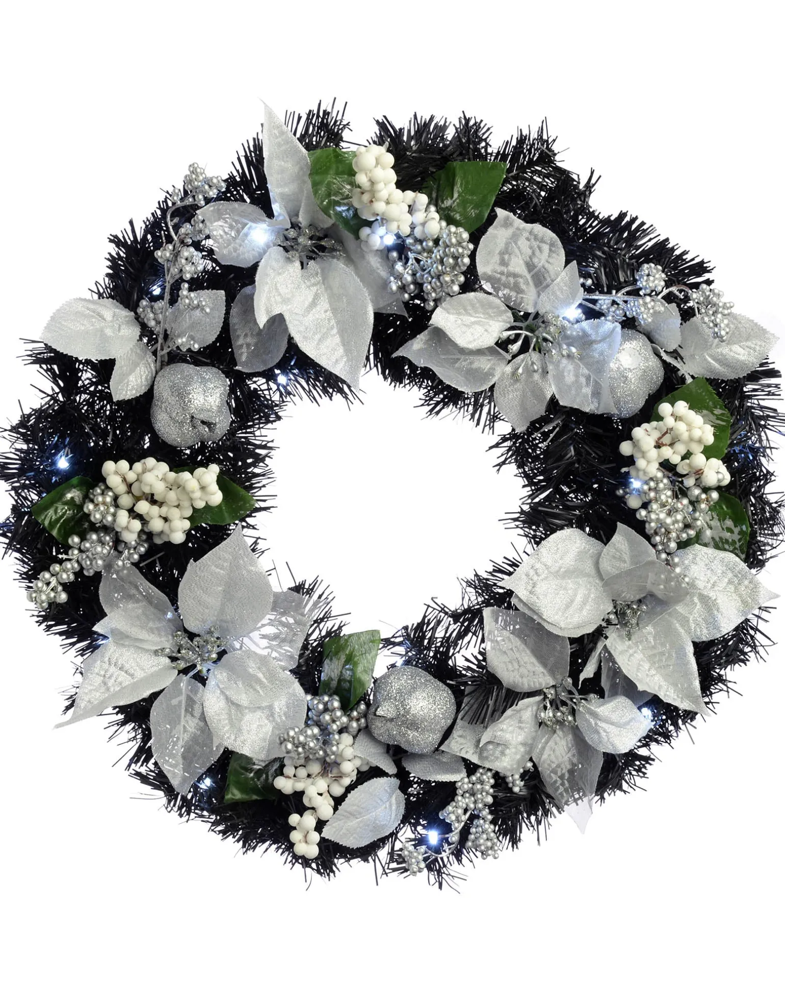 WeRChristmas Pre-Lit Decorated Wreath, Black/Silver, 60 Cm^ Decorated Wreaths|Pre Lit Wreaths
