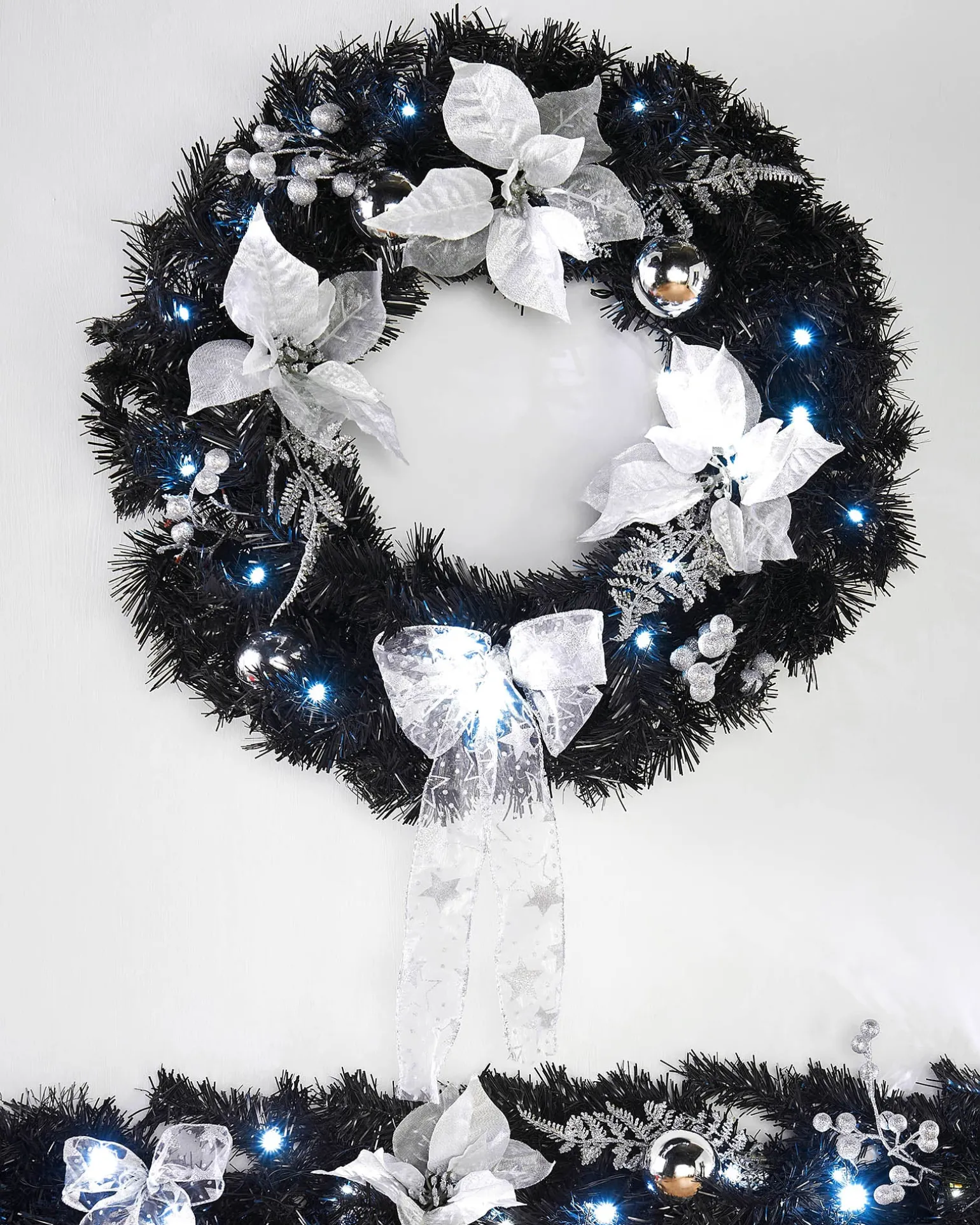 WeRChristmas Pre-Lit Decorated Wreath, Black/Silver, 60 Cm^ Decorated Wreaths|Pre Lit Wreaths