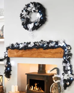 WeRChristmas Pre-Lit Decorated Wreath, Black/Silver, 60 Cm^ Decorated Wreaths|Pre Lit Wreaths