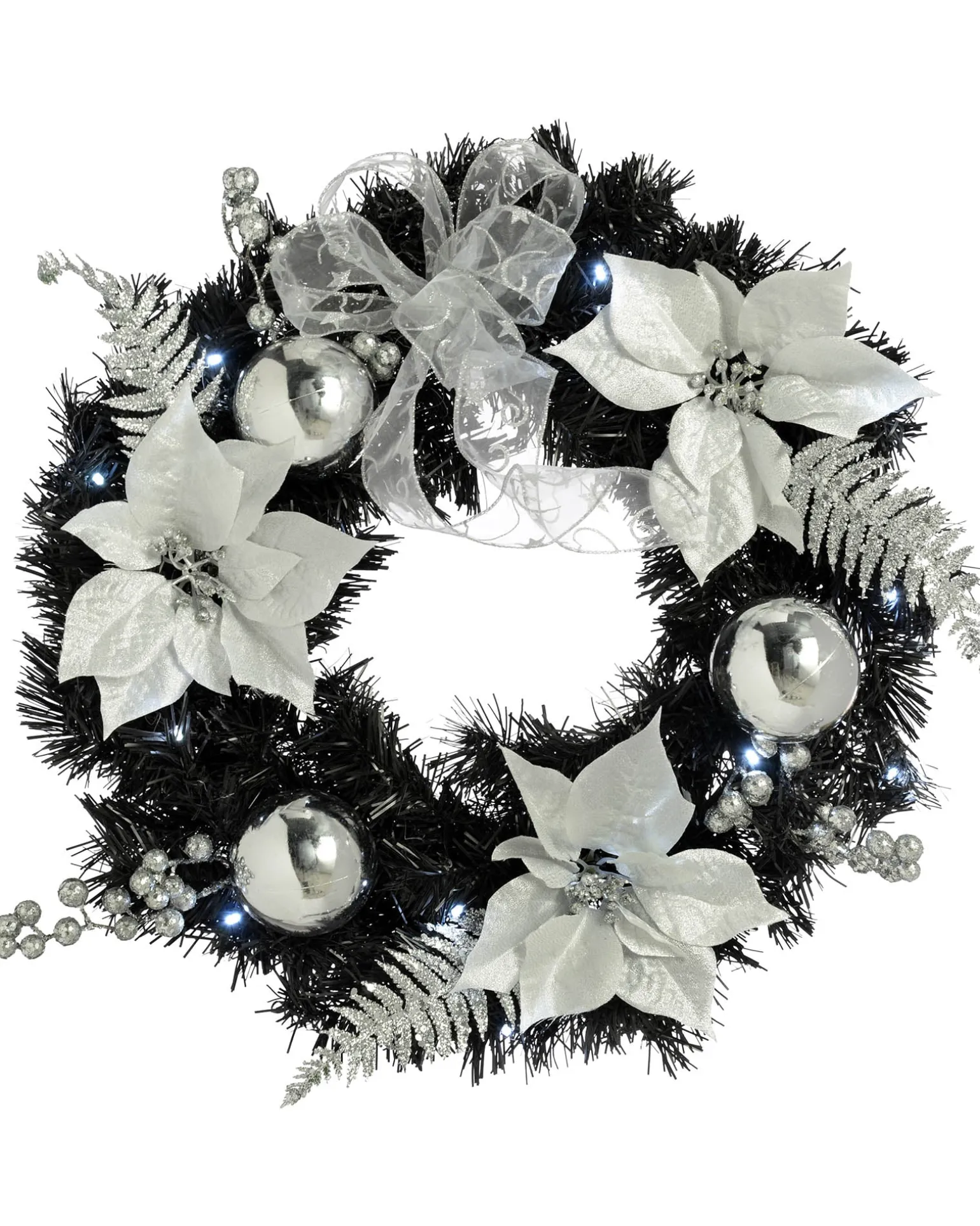 WeRChristmas Pre-Lit Decorated Wreath, Black/Silver, 60 Cm^ Decorated Wreaths|Pre Lit Wreaths