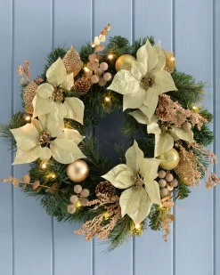 WeRChristmas Pre-Lit Decorated Wreath, Cream/Gold, 60 Cm^ Decorated Wreaths|Pre Lit Wreaths