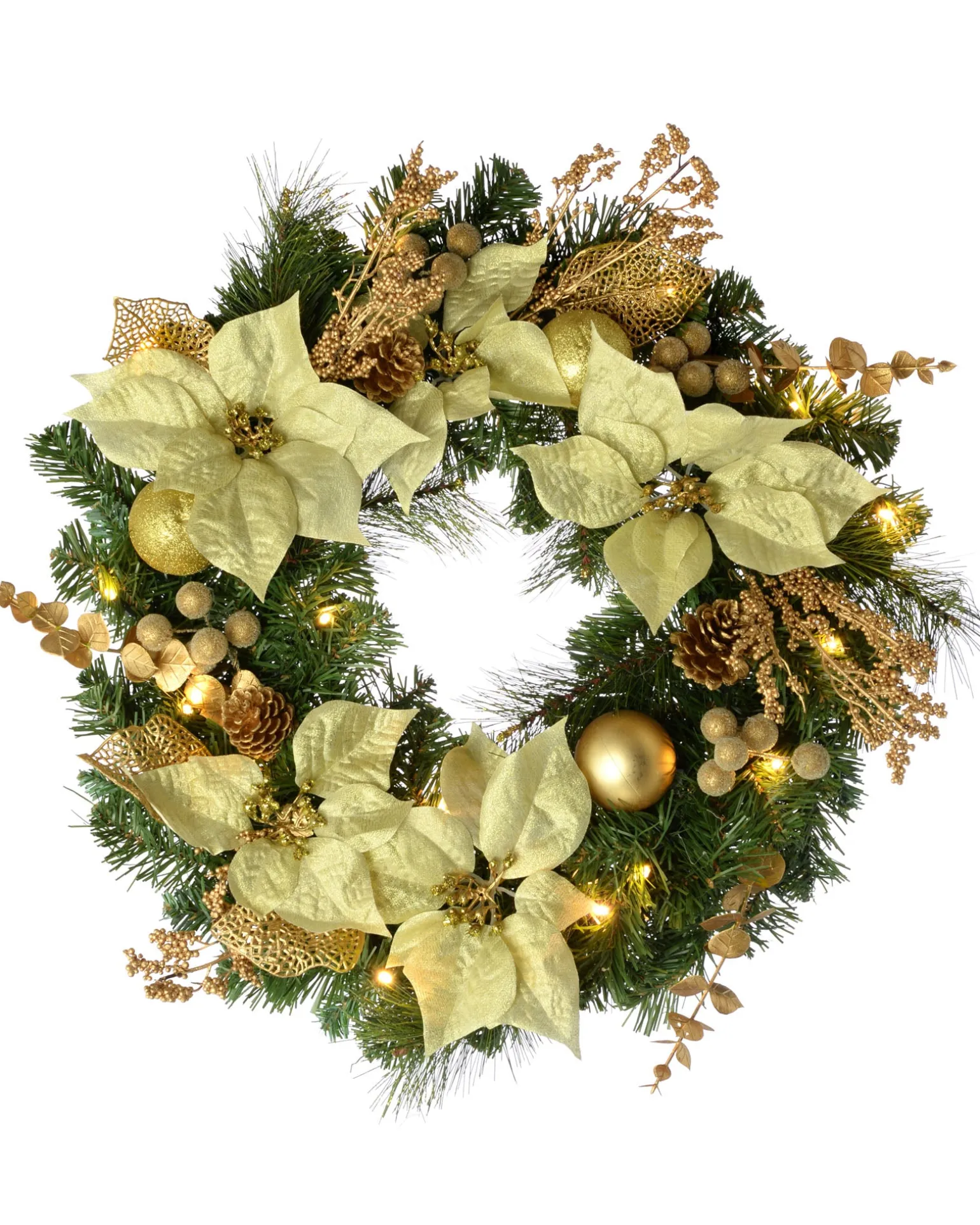 WeRChristmas Pre-Lit Decorated Wreath, Cream/Gold, 60 Cm^ Decorated Wreaths|Pre Lit Wreaths