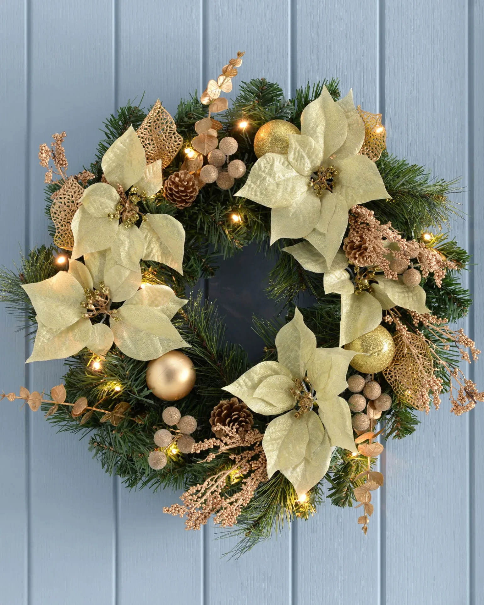 WeRChristmas Pre-Lit Decorated Wreath, Cream/Gold, 60 Cm^ Decorated Wreaths|Pre Lit Wreaths