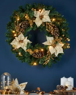 WeRChristmas Pre-Lit Decorated Wreath, Gold/Cream, 60 Cm^ Decorated Wreaths|Pre Lit Wreaths