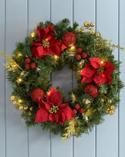WeRChristmas Pre-Lit Decorated Wreath, Red/Gold, 60 Cm^ Decorated Wreaths|Pre Lit Wreaths