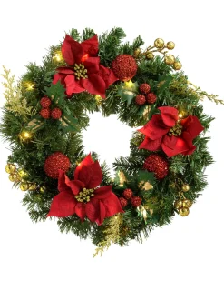 WeRChristmas Pre-Lit Decorated Wreath, Red/Gold, 60 Cm^ Decorated Wreaths|Pre Lit Wreaths