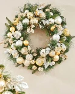 WeRChristmas Pre-Lit Decorated Wreath, Silver/Champagne/Gold, 76 Cm^ Pre Lit Wreaths