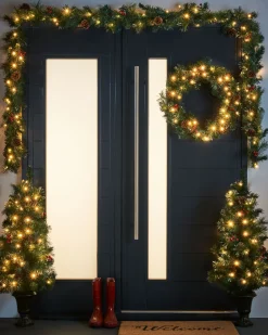 WeRChristmas Pre-Lit Decorative Christmas Trees, Wreath & Garland Bundle^ Tree Silhouettes|Decorated Wreaths