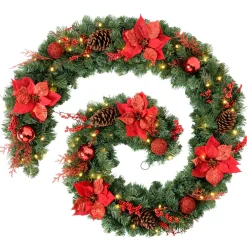 WeRChristmas Pre-Lit Extra Thick Decorated Garland, Red/Gold, 9 Ft^ Decorated Garlands|Pre Lit Garlands