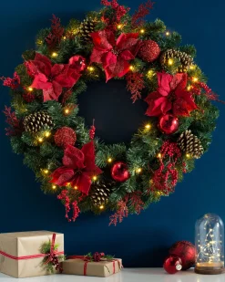 WeRChristmas Pre-Lit Extra Thick Decorated Wreath, Red/Gold, 76 Cm^ Decorated Wreaths|Pre Lit Wreaths