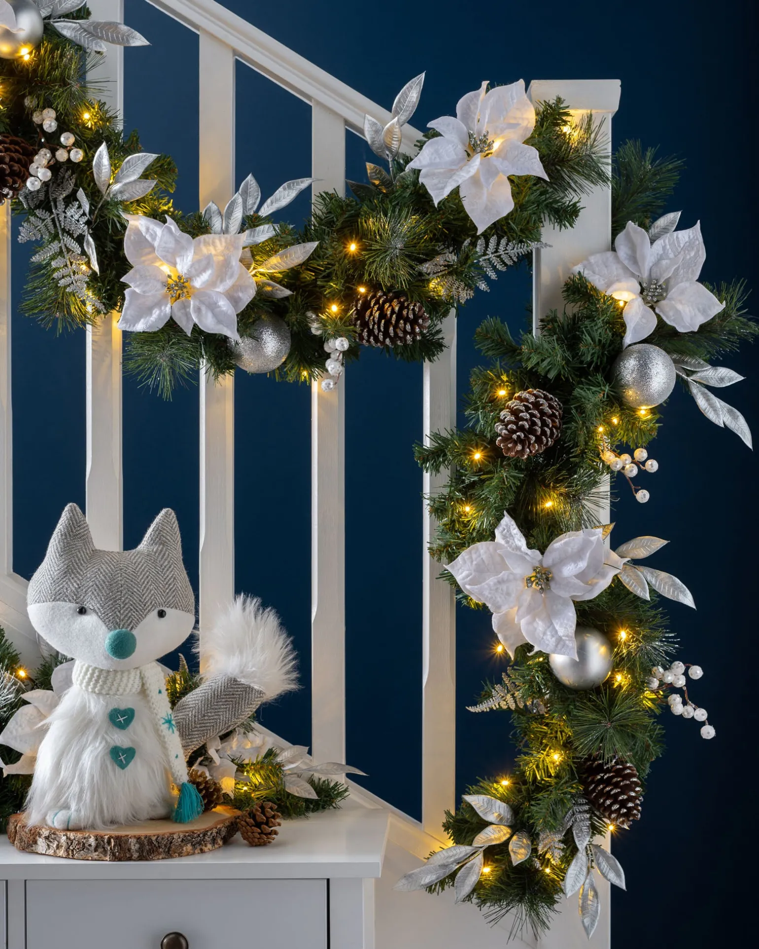 WeRChristmas Pre-Lit Extra Thick Decorated Garland, Silver/White, 9 Ft^ Decorated Garlands|Pre Lit Garlands