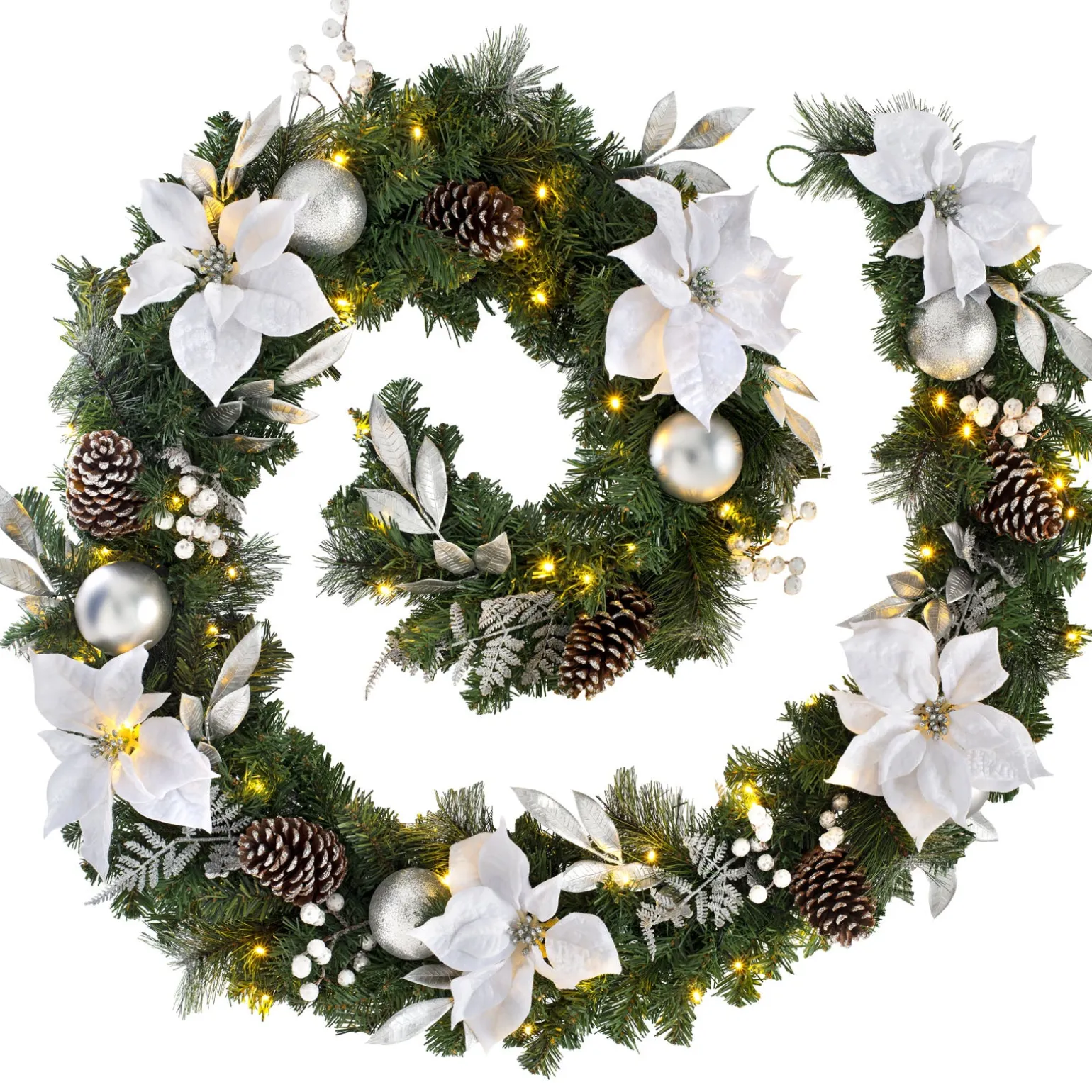 WeRChristmas Pre-Lit Extra Thick Decorated Garland, Silver/White, 9 Ft^ Decorated Garlands|Pre Lit Garlands