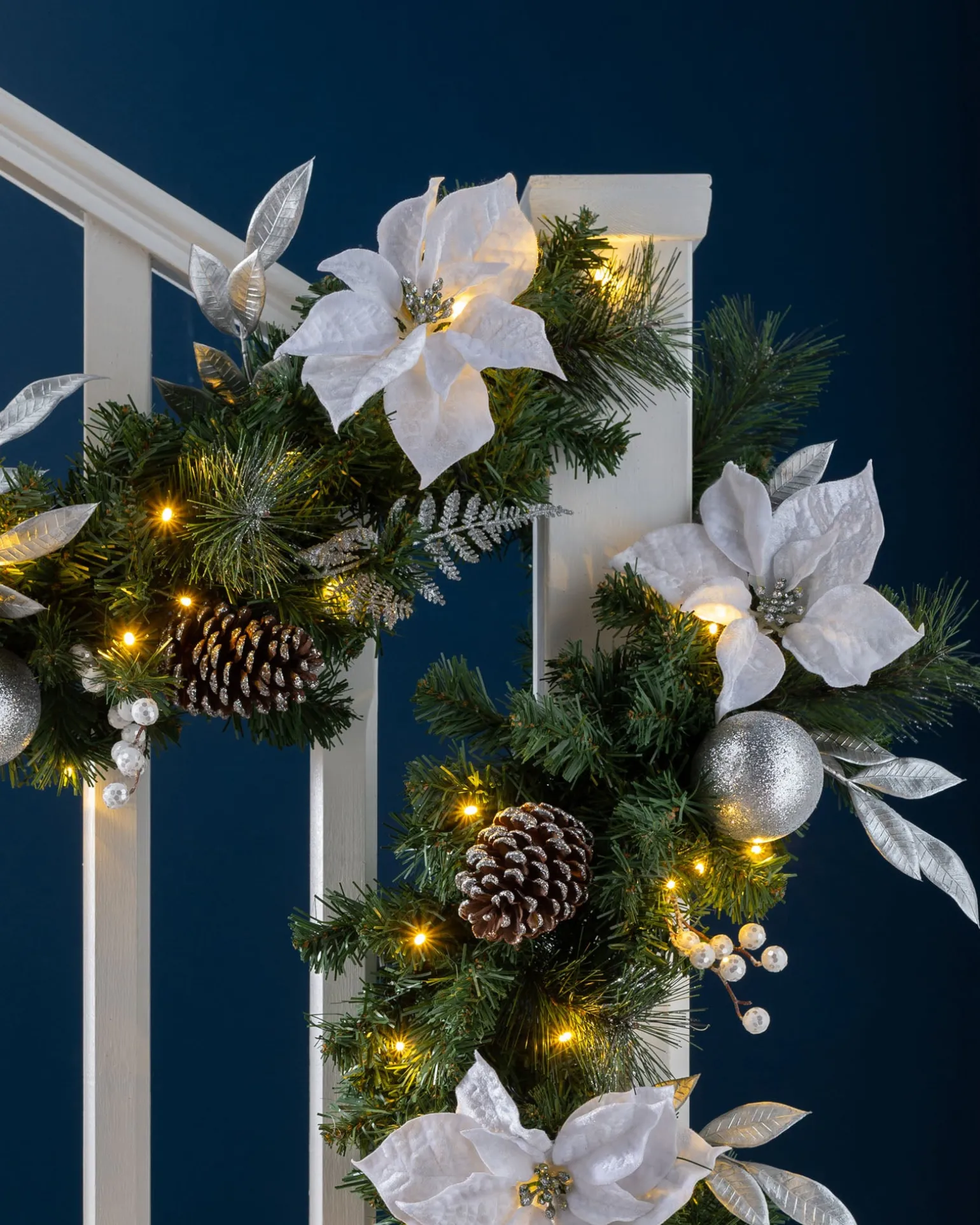 WeRChristmas Pre-Lit Extra Thick Decorated Garland, Silver/White, 9 Ft^ Decorated Garlands|Pre Lit Garlands