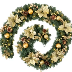 WeRChristmas Pre-Lit Extra Thick Garland, Static, Cream/Gold, 9 Ft^ Decorated Garlands|Pre Lit Garlands