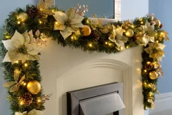 WeRChristmas Pre-Lit Extra Thick Garland, Cream/Gold, 9 Ft^ Decorated Garlands|Pre Lit Garlands