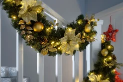 WeRChristmas Pre-Lit Extra Thick Garland, Cream/Gold, 9 Ft^ Decorated Garlands|Pre Lit Garlands