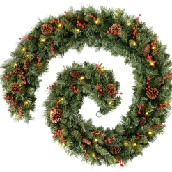 WeRChristmas Pre-Lit Extra Thick Mixed Pine Garland, Pinecones & Berries, 9 Ft^ Decorated Garlands|Pre Lit Garlands