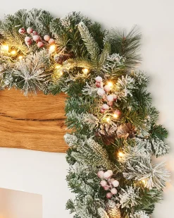 WeRChristmas Pre-Lit Extra Thick Mixed Pine Snow Flocked Garland, Pinecones & Berries, Static, 9 Ft^ Snow Flocked Garlands|Decorated Garlands